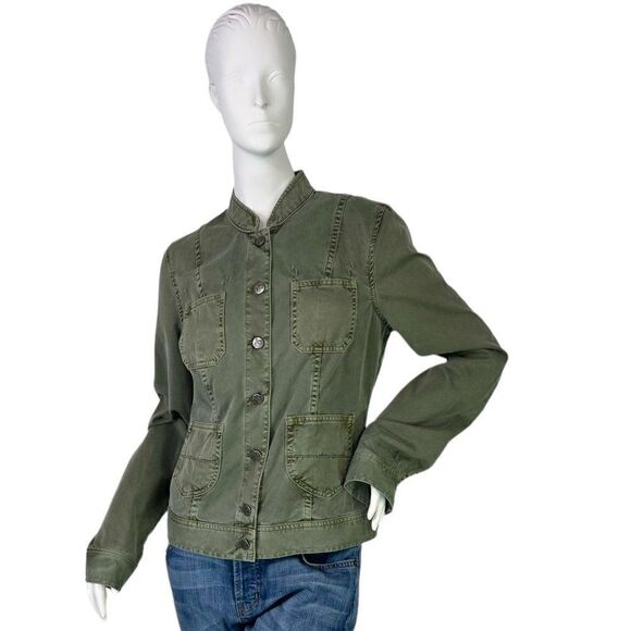 Joie Army Green Military Style Cotton Trim Fit Jacket Mandarin Collar Size Large - Picture 1 of 10